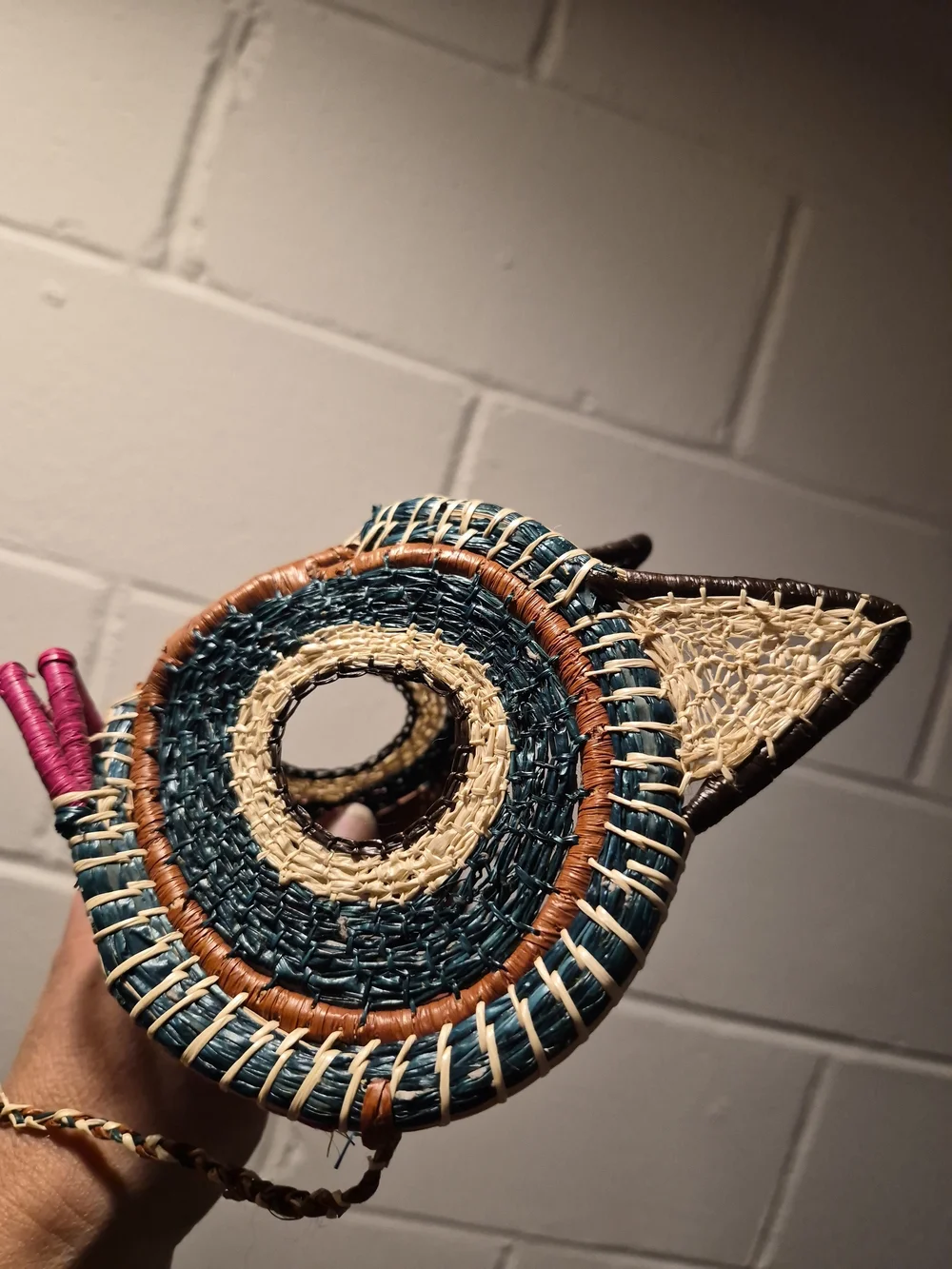 Handwoven Owl Face Accessory Mask in Teal, Brown & Pink